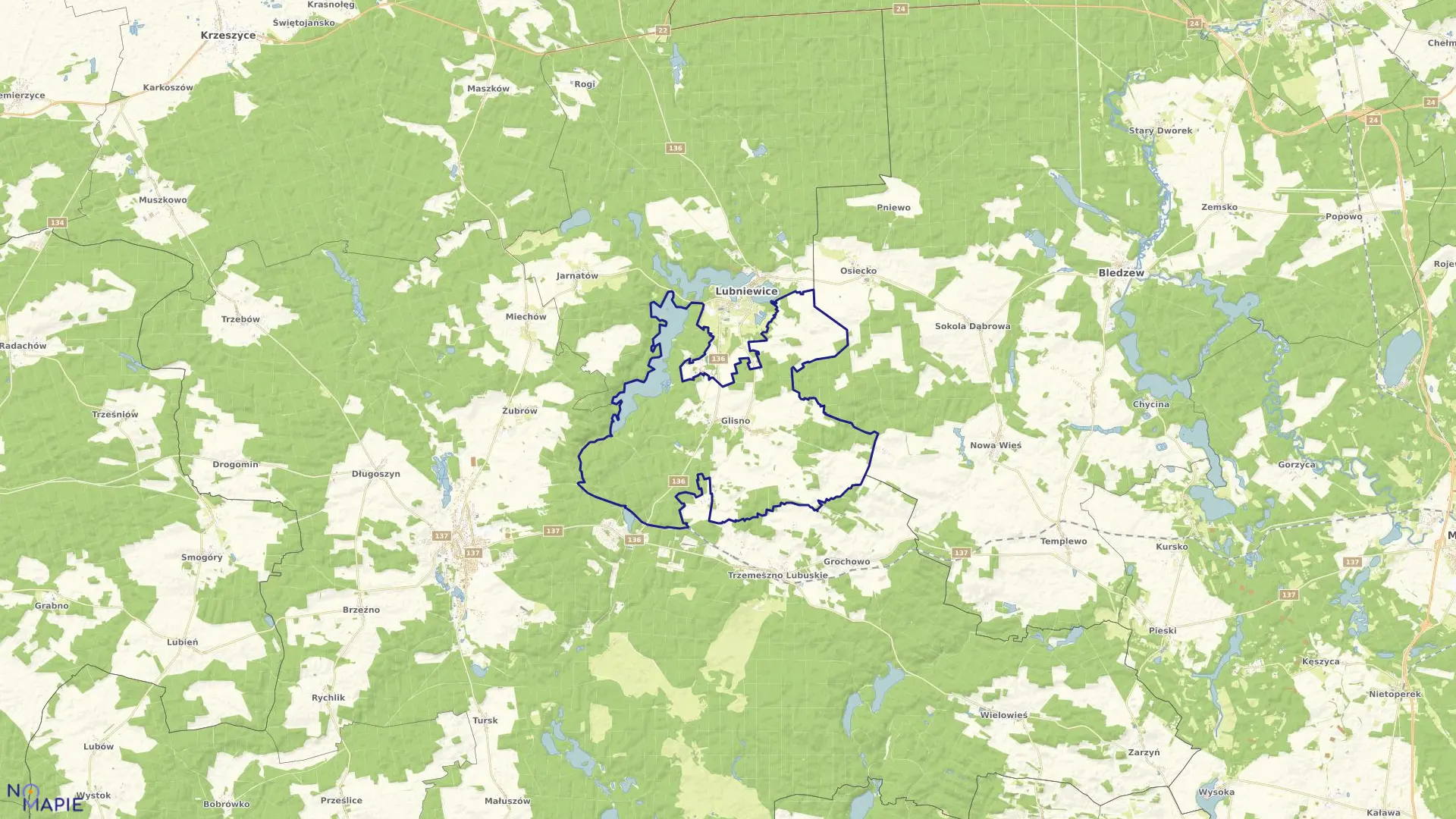 Mapa obrębu Glisno w gminie Lubniewice