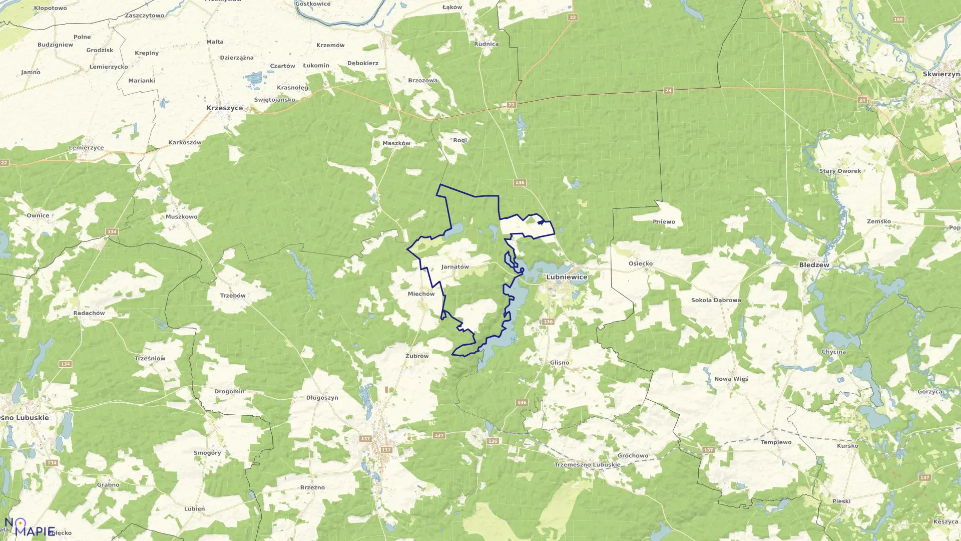 Mapa obrębu Jarnatów w gminie Lubniewice